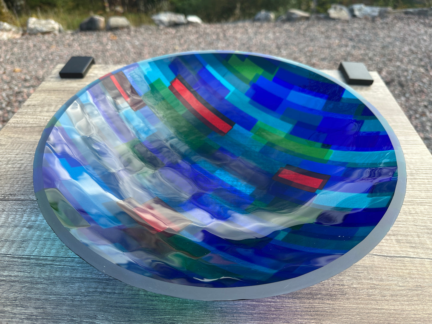 Large Bowl, Glen Lights, Red with Blue Highlights