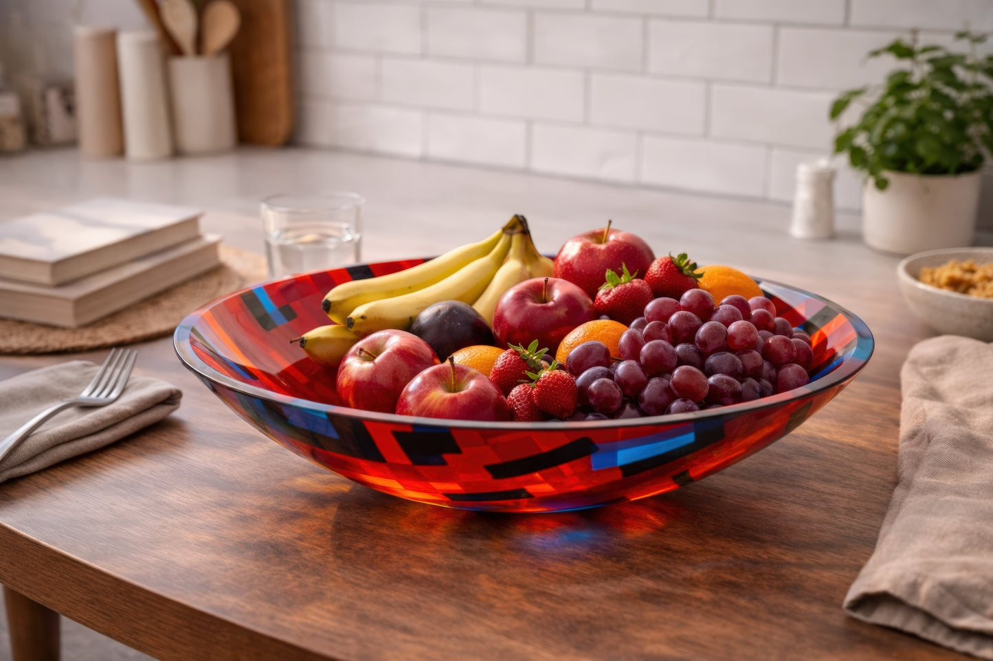 Large Bowl, Glen Lights, Red with Blue Highlights