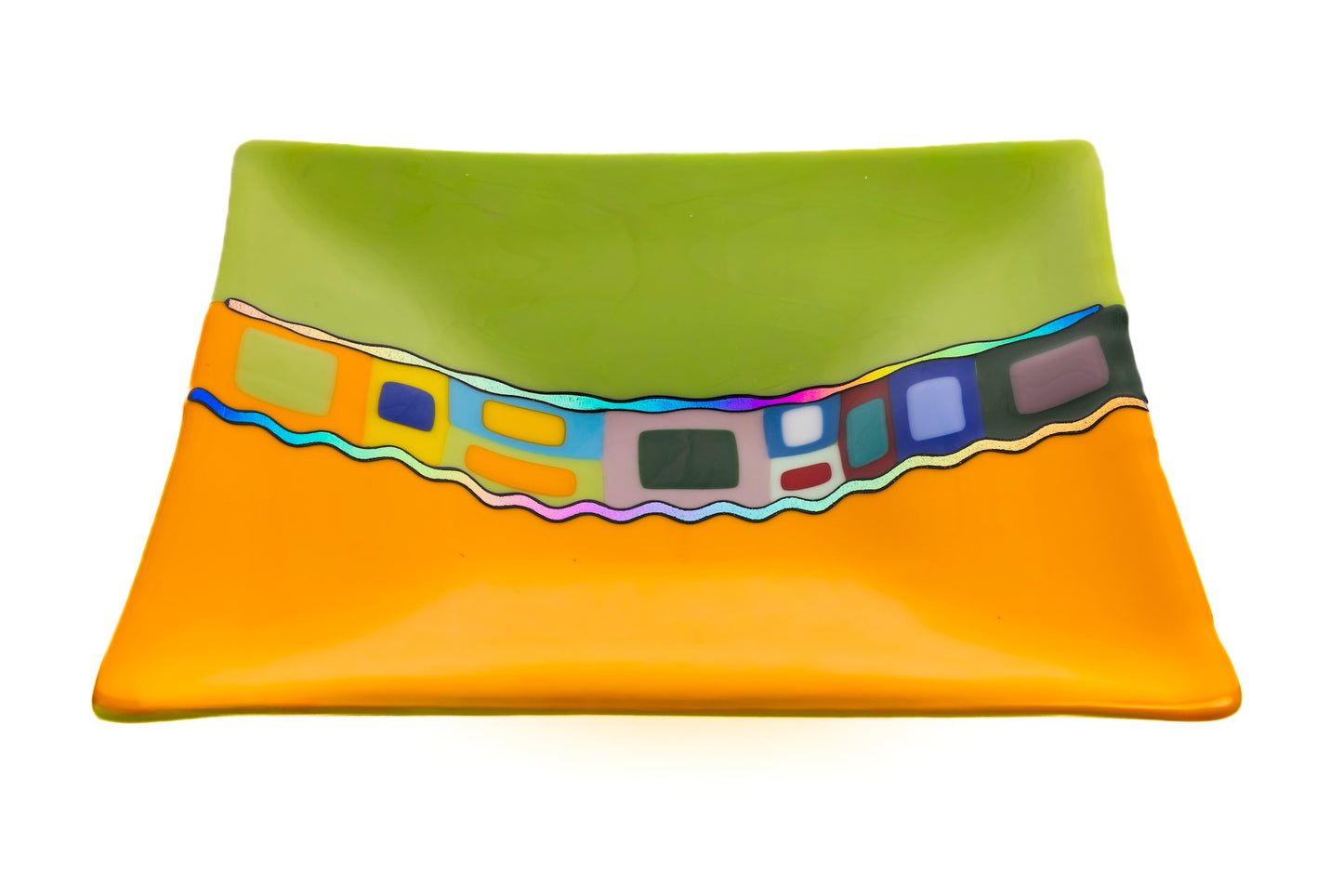 Large fused glass plate in mid-century retro design